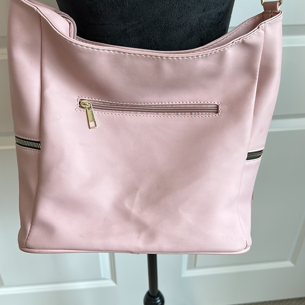 Pink Faux Leather Crossbody Bucket Satchel with Tassels - Picture 8 of 10